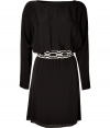 Easy elegance is effortlessly achieved with this silk dolman dress affixed with a deco-meets-disco woven belt - Bateau neck, long raglan sleeves, gathered waist, detachable woven waist belt with fringed ends, relaxed silhouette - Pair with a slim trench, platform pumps, and a studded clutch