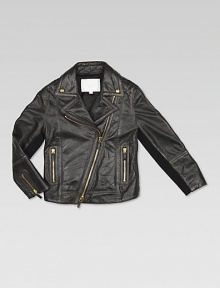 Black washed vintage biker jacket with notch lapel, asymmetrical front zip closure, zip pockets and micro GG lining.Notched lapelLong sleeves with zip cuffs and quilted elbowsAsymmetrical front zipVertical zip pocketsSide knit detailFully linedLeatherDry cleanMade in Italy Black washed vintage biker jacket with notch lapel, asymmetrical front zip closure, zip pockets and micro GG lining.Notched lapelLong sleeves with zip cuffs and quilted elbowsAsymmetrical front zipVertical zip pocketsSide knit detailFully linedLeatherDry cleanMade in Italy