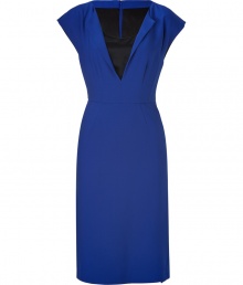 Alluring with a black satin front panel and eye-catching in royal blue, Alberta Ferrettis sharply tailored sheath is a sophisticated choice for your evening events - V-neckline with black satin underlay, cap sleeves, pleated waistline, concealed side zip closure - Tailored fit - Wear with statement heels and a clutch