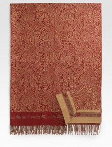 Luxurious wool with a soft, silky hand is richly woven in a subtle paisley design with signature border and fringe. Arrives in a gift box 55W X 71L Dry clean Made in Italy Luxurious wool with a soft, silky hand is richly woven in a subtle paisley design with signature border and fringe. Arrives in a gift box 55W X 71L Dry clean Made in Italy