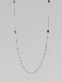 From the Silver Rain Lollipop Collection. This delicate, sterling silver link chain style features dazzling diamond and exquisite blue topaz stations. Blue topazDiamonds, .25 tcwSterling silverLength, about 36Lobster clasp closureImported From the Silver Rain Lollipop Collection. This delicate, sterling silver link chain style features dazzling diamond and exquisite blue topaz stations. Blue topazDiamonds, .25 tcwSterling silverLength, about 36Lobster clasp closureImported