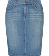 Denim goes sexy with this figure-hugging jean pencil skirt from Current Elliot - Classic five-pocket styling, pencil silhouette, back slit - Style with a printed silk blouse, espadrille wedges, and a fitted blazer