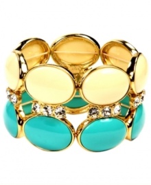 Embrace a summer aesthetic year round. AK Anne Klein's two-row bracelet features turquoise, ivory and clear epoxy accents set in gold-plated mixed metal. Bracelet stretches to fit wrist. Approximate diameter: 2-1/4 inches.