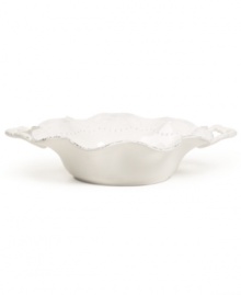 A delicate scalloped edge with distressed detail and beaded accents give the Blanc serving bowl the classic, romantic feel of Versailles Maison's charming dinnerware collection. With beautifully sculpted handles. A delicate scalloped edge with distressed detail and beaded accents give the Blanc serving bowl the classic, romantic feel of Versailles Maison's charming dinnerware collection. With beautifully sculpted handles.
