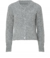 This classic knit cardigan is a closet must-have all year - Light grey mohair-blend is soft and warm - Features a traditional round neckline, long sleeves, button placket and ribbing details at neck, cuffs and waist - Classy and comfortable - Wear with everything from basic jeans and tees, to pencil skirts and blouses