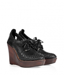 With ultra-chic woven details and a chunky wooden wedge heel, these shoes from Rag & Bone are a new-season necessity - Woven front, lace up, cut out detail at ankle, wooden wedge heel, pebble leather - Style with skinny jeans, an asymmetrical hem top, and an oversized leather satchel