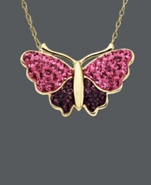 Style suited for the free spirit. This vibrant butterfly pendant by Kaleidoscope shines with the addition of dark and light purple crystals with Swarovski elements. Crafted in 18k gold over sterling silver. Approximate length: 18 inches. Approximate drop: 6/10 inch.