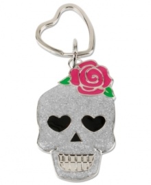 Drop-dead gorgeous. This glitter skull key chain from Betsey Johnson is crafted from silver-tone mixed metal with fuchsia rose and green accents for a whimsical touch. Item comes packaged in a signature Betsey Johnson Gift Box. Approximate drop: 4-1/4 inches.