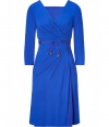Luxe dress in fine, pure royal blue viscose - Elegantly draped, wrap-style bodice with v-neck - On-trend, 3/4 sleeves - Chic gold-tipped tie accentuates a prominent waist - Flattering and fluid knee-length skirt - Cut out detail at nape of the neck - Sexy and sophisticated, perfect for parties and evenings out - Pair with platform pumps or strappy sandals and a statement clutch