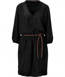 With its exquisitely soft Mulberry silk and rustic woven leather sash, Burberry Brits black dress is a cool way to dress up your daytime looks - V-neckline, bracelet-length sleeves with elasticized cuffs, braided leather front sash, elasticized waistline, side slit pockets - Loosely fitted - Wear with flats and a classic leather tote