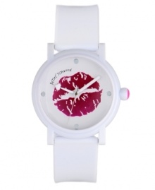 Pucker up. Betsey Johnson sealed this cheeky watch with a kiss. White polyurethane strap and round polycarbonate case. White dial features large red lip graphic, silver tone dot markers at twelve, three, six and nine o'clock, three hands and logo. Quartz movement. Water resistant to 30 meters. Two-year limited warranty.