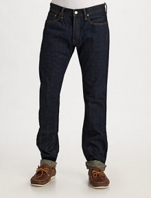A trim, modern fit constructed in sleek, dark-washed denim. Five-pocket style Button fly Sits lower on the waist Slim fit through the hip, thigh and leg Canvas logo tag on back waist Cotton Machine wash Imported A trim, modern fit constructed in sleek, dark-washed denim. Five-pocket style Button fly Sits lower on the waist Slim fit through the hip, thigh and leg Canvas logo tag on back waist Cotton Machine wash Imported