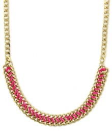 Grace your neck with colorful chic. Vince Camuto's chain necklace flaunts a bright pink cord intertwined in the links. Finished with a lobster clasp closure. Crafted in gold tone mixed metal. Approximate length: 18 inches. Grace your neck with colorful chic. Vince Camuto's chain necklace flaunts a bright pink cord intertwined in the links. Finished with a lobster clasp closure. Crafted in gold tone mixed metal. Approximate length: 18 inches.