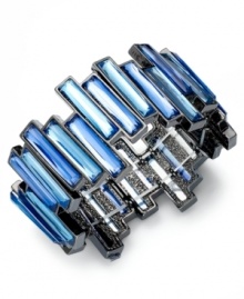 My blue heaven. This Bar II bracelet showcases soothing blue acrylic stones set in a sleek setting. Stretches to fit wrist. Crafted in antiqued silver tone mixed metal. Approximate diameter: 2-1/2 inches. My blue heaven. This Bar II bracelet showcases soothing blue acrylic stones set in a sleek setting. Stretches to fit wrist. Crafted in antiqued silver tone mixed metal. Approximate diameter: 2-1/2 inches.