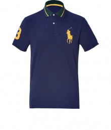 Get your hands on the must-have piece for the upcoming season - This classic polo shirt is designed in fine cotton by Ralph Lauren, the master of American preppy style - Traditional navy, with yellow, embroidered logo on chest and number at sleeve - Slim cut with longer back than front - Pairs well with jeans, chinos or shorts on the weekends or after-hours Get your hands on the must-have piece for the upcoming season - This classic polo shirt is designed in fine cotton by Ralph Lauren, the master of American preppy style - Traditional navy, with yellow, embroidered logo on chest and number at sleeve - Slim cut with longer back than front - Pairs well with jeans, chinos or shorts on the weekends or after-hours
