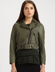 The go-to leather jacket of the season, this motorcycle design has a lizard-embossed finish and cropped silhouette. Buttoned notched collarLong sleeves with zippered cuffsAsymmetrical zipperZippered slash pockets; single buttoned flap pocketAdjustable self-beltAbout 18 from shoulder to hemLeatherDry clean with leather specialistMade in USA of Italian fabricModel shown is 5'11 (178cm) wearing US size 4. The go-to leather jacket of the season, this motorcycle design has a lizard-embossed finish and cropped silhouette. Buttoned notched collarLong sleeves with zippered cuffsAsymmetrical zipperZippered slash pockets; single buttoned flap pocketAdjustable self-beltAbout 18 from shoulder to hemLeatherDry clean with leather specialistMade in USA of Italian fabricModel shown is 5'11 (178cm) wearing US size 4.