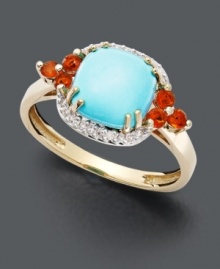 Catch some rays, and some attention this summer with bold, colorful style. This head-turning ring makes just the right statement with a turquoise center stone (1-3/4 ct. t.w.) surrounded by brilliant opal and round-cut diamond accents. Setting crafted in 14k gold.