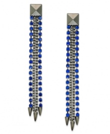 Piercing style, by Bar III. These drop earrings add instant edge with blue crystals and spike detail. Crafted in hematite tone mixed metal. Approximate drop: 3 inches.