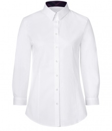 Turn up your cuffs and showcase Burberrys iconic check in this crisp white button-down from Burberry London - Classic collar with checked lining, 3/4 sleeves, buttoned turn-up checked cuffs, button-down front, shirttail hemline - Form-fitting - Wear with everything from jeans and flats to pencil skirts and heels Turn up your cuffs and showcase Burberrys iconic check in this crisp white button-down from Burberry London - Classic collar with checked lining, 3/4 sleeves, buttoned turn-up checked cuffs, button-down front, shirttail hemline - Form-fitting - Wear with everything from jeans and flats to pencil skirts and heels