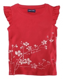 A wildlife graphic adorns this sweet flutter sleeve tee. A wildlife graphic adorns this sweet flutter sleeve tee.