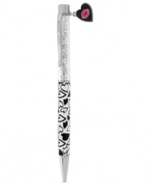 Write all your love letters with this heart-printed pen from Betsey Johnson. Crafted from silver-tone mixed metal, the pen is accented with clear beads and a heart charm, sealed with a kiss, on top. Item comes packaged in a signature Betsey Johnson Gift Box. Approximate length: 5-1/2 inches. Approximate width: 3/8 inch.