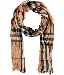 Finish your look on an iconic note with Burberry Londons checked scarf, detailed in super soft crinkled merino-cashmere for luxuriously laid-back results - Frayed ends - Wear inside over bright knit sweaters, or outdoors over classic coats with leather gloves Finish your look on an iconic note with Burberry Londons checked scarf, detailed in super soft crinkled merino-cashmere for luxuriously laid-back results - Frayed ends - Wear inside over bright knit sweaters, or outdoors over classic coats with leather gloves