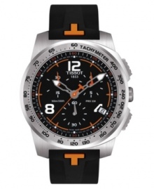 Durable, sporty style with incredible functionality by Tissot. This watch features a black rubber strap with orange accents and round stainless steel case. Black chronograph dial with logo, date window, orange accents, three subdials and numerals at eight o'clock and twelve o'clock. Quartz movement. Water resistant to 100 meters. Two-year limited warranty.