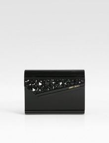 Glossy acrylic takes on art deco lines in this structured bag, finished with geometric crystals for instant glam.Chain shoulder strap, 20 drop Magnetic flap closure One inside open pocket Satin lining 6¾W X 5H X 2D Made in Italy