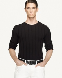 Elegantly rendered in a wide-ribbed knit from Italian merino wool, a trim-fitting crewneck sweater embodies modern sophistication with sleek horn buttons at the shoulder. Elegantly rendered in a wide-ribbed knit from Italian merino wool, a trim-fitting crewneck sweater embodies modern sophistication with sleek horn buttons at the shoulder.
