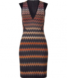 Artfully crafted in one of Missonis signature zigzag knits, this grey and orange wool and viscose dress lends elegant flair to any wardrobe - Feminine, curve-contouring silhouette - Bodice features a deep v-neck, contrast half sleeves and decorative trompe loeil seams - Easily transitions from the office to evenings out - Pair with a cropped jacket and leather boots, ankle booties or heels