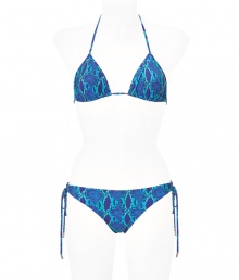 This teeny bikini is perfect for a sexy summer wardrobe - Made of blue stretch synthetic fiber in a python-inspired print - Classic triangle top ties at back and neck - Narrow bottoms feature side ties - A glamorous look for the beach or pool on your next vacation when paired with sheer caftan dress and leather thongs This teeny bikini is perfect for a sexy summer wardrobe - Made of blue stretch synthetic fiber in a python-inspired print - Classic triangle top ties at back and neck - Narrow bottoms feature side ties - A glamorous look for the beach or pool on your next vacation when paired with sheer caftan dress and leather thongs