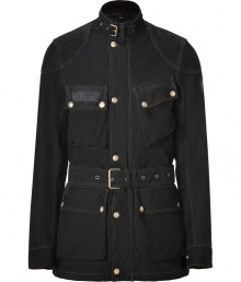 An urban cool iteration of the tried and true Trialmaster jacket, this contrast stitched Belstaff classic guarantees to take you through this seasons in style - Stand cord collar with buckle detail, long sleeves, snapped cuffs, concealed front zipper placket with snaps, snapped flap pockets, belted waist - Slim fit - Pair with jeans, a tee and motorcycle boots or with slim trousers and trainers