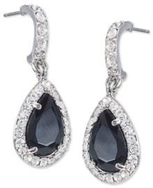 Carolee shines through with its half-hoop pear earrings. A black glass stone stands at the center, with glass accents providing the perfect complement on this set crafted from silver-tone mixed metal. Approximate drop: 1-1/4 inches.