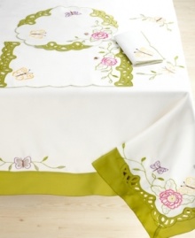 Homewear combines delicate details with the durability of polyester in the elaborate Spring Lattice round tablecloth. Pretty cutwork and embroidered garden scenes usher in a fresh season of casual dining. Homewear combines delicate details with the durability of polyester in the elaborate Spring Lattice round tablecloth. Pretty cutwork and embroidered garden scenes usher in a fresh season of casual dining.