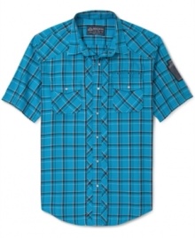 Pop some plaid under your seasonal layered look with this short-sleeved shirt from American Rag.