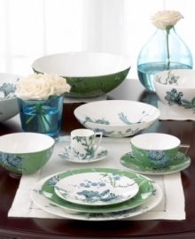 As delicate and enchanting as a peacocks plume this whimsical set is awash in rich blues and bold greens that contrast beautifully with bone white china. Stunning embellishments of flowers and branches give this pattern a truly unique and eye-catching appeal. As delicate and enchanting as a peacocks plume this whimsical set is awash in rich blues and bold greens that contrast beautifully with bone white china. Stunning embellishments of flowers and branches give this pattern a truly unique and eye-catching appeal.
