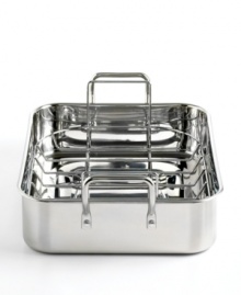 Martha Stewart's polished stainless steel roaster circulates heat evenly and keeps your dish tender to the touch with a removable rack that allows succulent juices and drips to collect for optimal basting and glazing. Lifetime warranty.