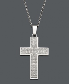 A stately way to show your faith. This simple men's cross pendant features a stainless steel setting and chain accented by round-cut diamonds (1/2 ct. t.w.). Approximate length: 22 inches. Approximate drop width: 7/8 inch. Approximate drop length: 1-1/8 inches. A stately way to show your faith. This simple men's cross pendant features a stainless steel setting and chain accented by round-cut diamonds (1/2 ct. t.w.). Approximate length: 22 inches. Approximate drop width: 7/8 inch. Approximate drop length: 1-1/8 inches.