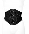 Stylish corset belt in fine black leather - A sexy, sophisticated accessory from cult intimate luxury label Kiki de Montparnasse - Crisscrossing elastic straps cinch the waist - Shiny, crackled leather middle features silver hook and button closure - Adds an instant dose of glamour to any outfit - Pair with a crisp white button down and leather leggings or a colorful, skin tight maxi dress