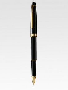 Rollerball tip, accented with gold-plated clip and rings and finished with barrel and cap made of precious black resin.RollerballGold-plated clipResin with inlaid logo emblemAbout 5¾ longMade in Germany Rollerball tip, accented with gold-plated clip and rings and finished with barrel and cap made of precious black resin.RollerballGold-plated clipResin with inlaid logo emblemAbout 5¾ longMade in Germany