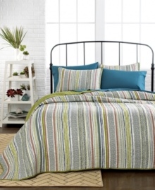 Vertical horizon. An eclectic mix of vertical stripes in fresh hues gives your space a casually modern appeal in this Tamarind quilt. Reverses to solid. Vertical horizon. An eclectic mix of vertical stripes in fresh hues gives your space a casually modern appeal in this Tamarind quilt. Reverses to solid.