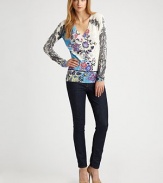 A classic silk silhouette is dressed up by a uniquely colorful, abstracted floral pattern.Ribbed V necklineRib-knit cuffs and hem85% silk/15% elastaneDry cleanMade in Italy of imported fabricModel shown is 5'9½ (176 cm) wearing US size 4. 