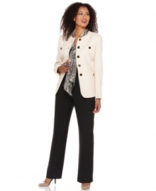 Kasper's latest petite pant suit is all about striking contrasts, featuring a printed scarf, a cream-hued jacket with glossy enamel and goldtone buttons and a pair of sleek, solid black pants. Kasper's latest petite pant suit is all about striking contrasts, featuring a printed scarf, a cream-hued jacket with glossy enamel and goldtone buttons and a pair of sleek, solid black pants.