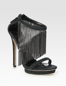 Snake-print leather style draped with metal fringe, finished with a sparkling stingray-print heel and an exposed back zipper. Stingray-print heel, 5 (125mm)Island platform, 1½ (40mm)Compares to a 3½ heel (90mm)Snake-print leather and metal fringe upperExposed back zipperLeather lining and solePadded insoleImported