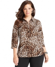 Get spot-on style with Alfani's plus size three-quarter-sleeve top, featuring a classic animal-print-- it's an Everyday Value!