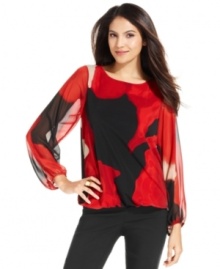 A stylish layering piece, this sheer chiffon Alfani top adds a bold splash of color to your fall look!