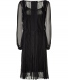 Ultra feminine with its sheer lace paneling and sophisticated long sleeves, Alberta Ferrettis pinstriped silk dress is an elegant choice for your evening affairs - Round neckline, long sleeves, buttoned gathered cuffs, pleated front and back paneling, self-tie grosgrain sash around the waist, belt loops, hidden side snaps, spaghetti strap lining - Softly tailored fit - Wear with platform pumps and a streamlined envelope clutch