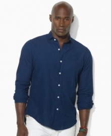 Crafted from dark-wash chambray, this essential button-down is cut for a relaxed, comfortable fit and finished with an Estate collar for a refined look. Crafted from dark-wash chambray, this essential button-down is cut for a relaxed, comfortable fit and finished with an Estate collar for a refined look.