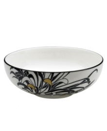 Bold florals inspired by 19th century Japanese textiles spring from the Chrysanthemum cereal bowl of this set of striking, graphic and stylish dinnerware. The dishes feature a bouquet of cream, charcoal and gold on everyday fine china that offers the cool, modern look and unparalleled durability of Denby. Bold florals inspired by 19th century Japanese textiles spring from the Chrysanthemum cereal bowl of this set of striking, graphic and stylish dinnerware. The dishes feature a bouquet of cream, charcoal and gold on everyday fine china that offers the cool, modern look and unparalleled durability of Denby.