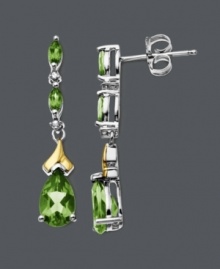 Cascading elegance and a hint of sparkle, too. These exquisite drops feature pear and marquise-cut peridot with sparkling diamond accents. Earrings crafted in sterling silver with a hint of 14k gold. Approximate drop: 1 inch. Cascading elegance and a hint of sparkle, too. These exquisite drops feature pear and marquise-cut peridot with sparkling diamond accents. Earrings crafted in sterling silver with a hint of 14k gold. Approximate drop: 1 inch.